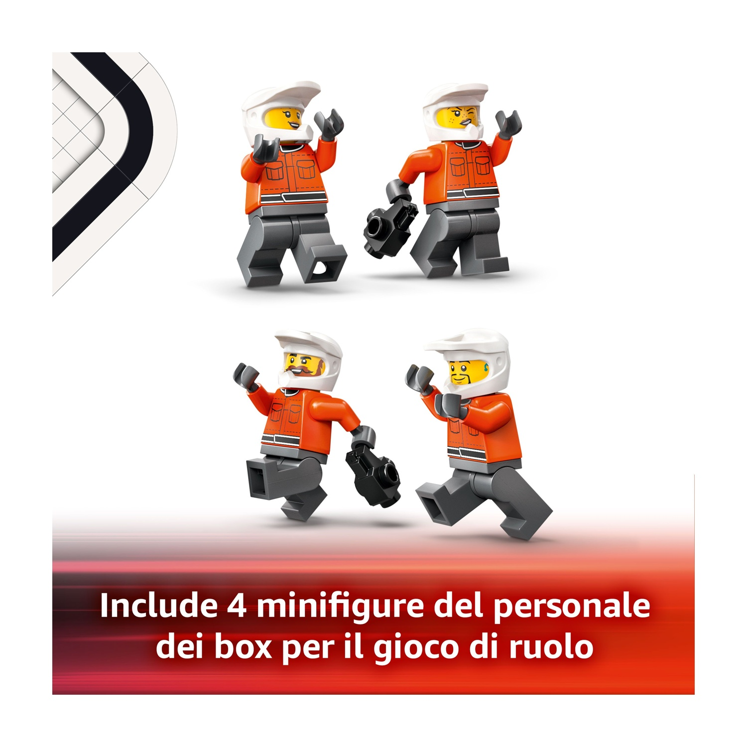Quattro minifigure LEGO con caschi bianchi e giacche arancioni, che tengono oggetti neri. Un grafico curvo bianco e nero appare nell'angolo.
