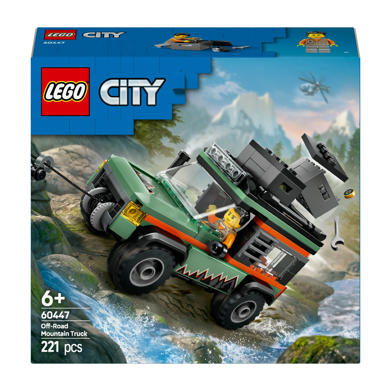 Set Lego City camion fuoristrada. Camion verde su terreno roccioso con acqua. Include personaggi Lego e elicottero sullo sfondo.