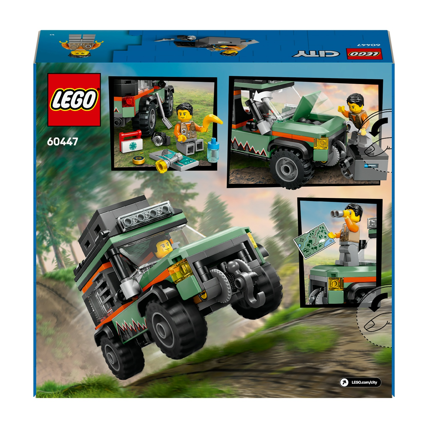 La confezione Lego City mostra una jeep verde con minifigure. Lo sfondo presenta una foresta verde e una mappa. Varie scene raffigurate.