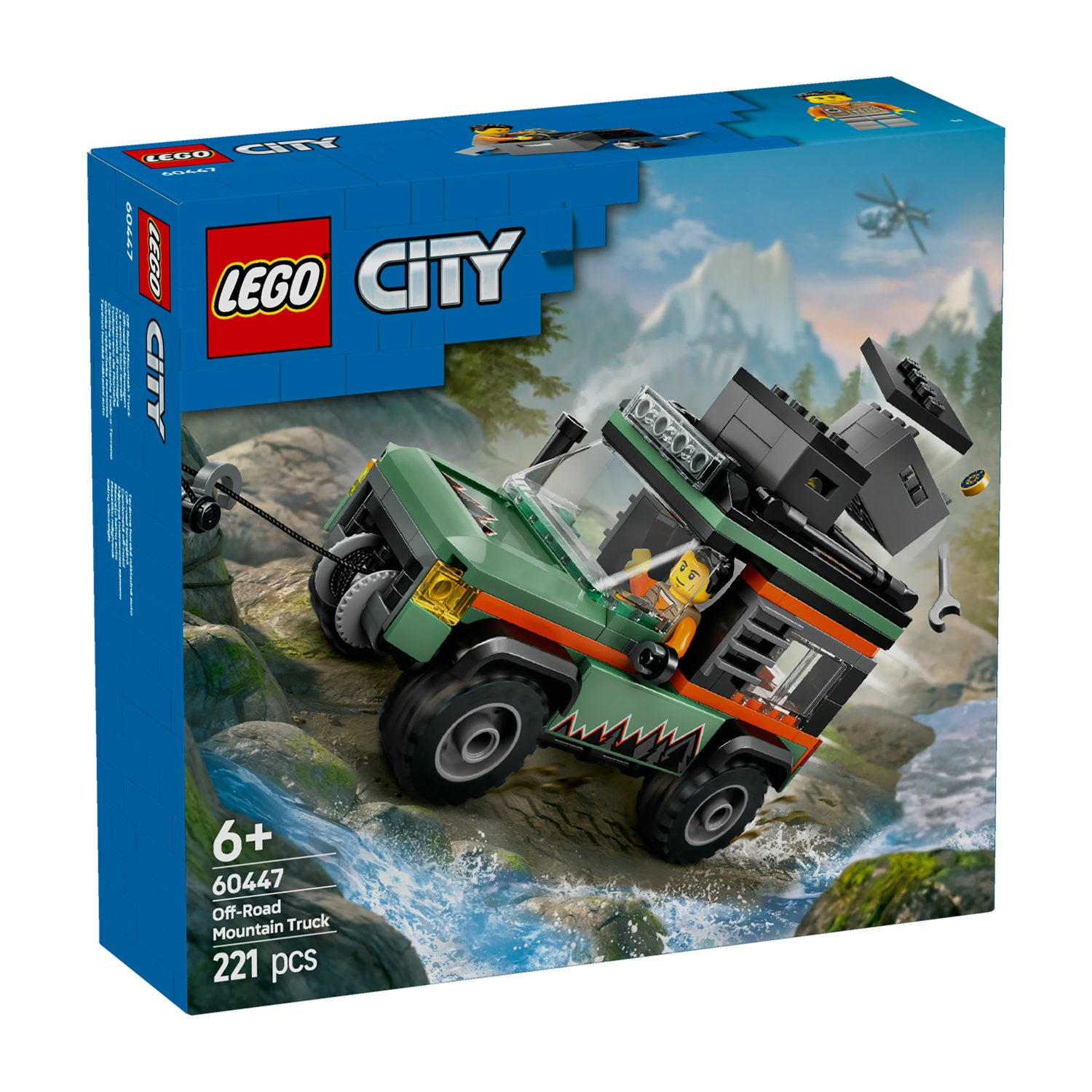 Scatola Lego City con un modello di camion fuoristrada. Il camion è verde e nero, che guida sulle rocce vicino all'acqua.
