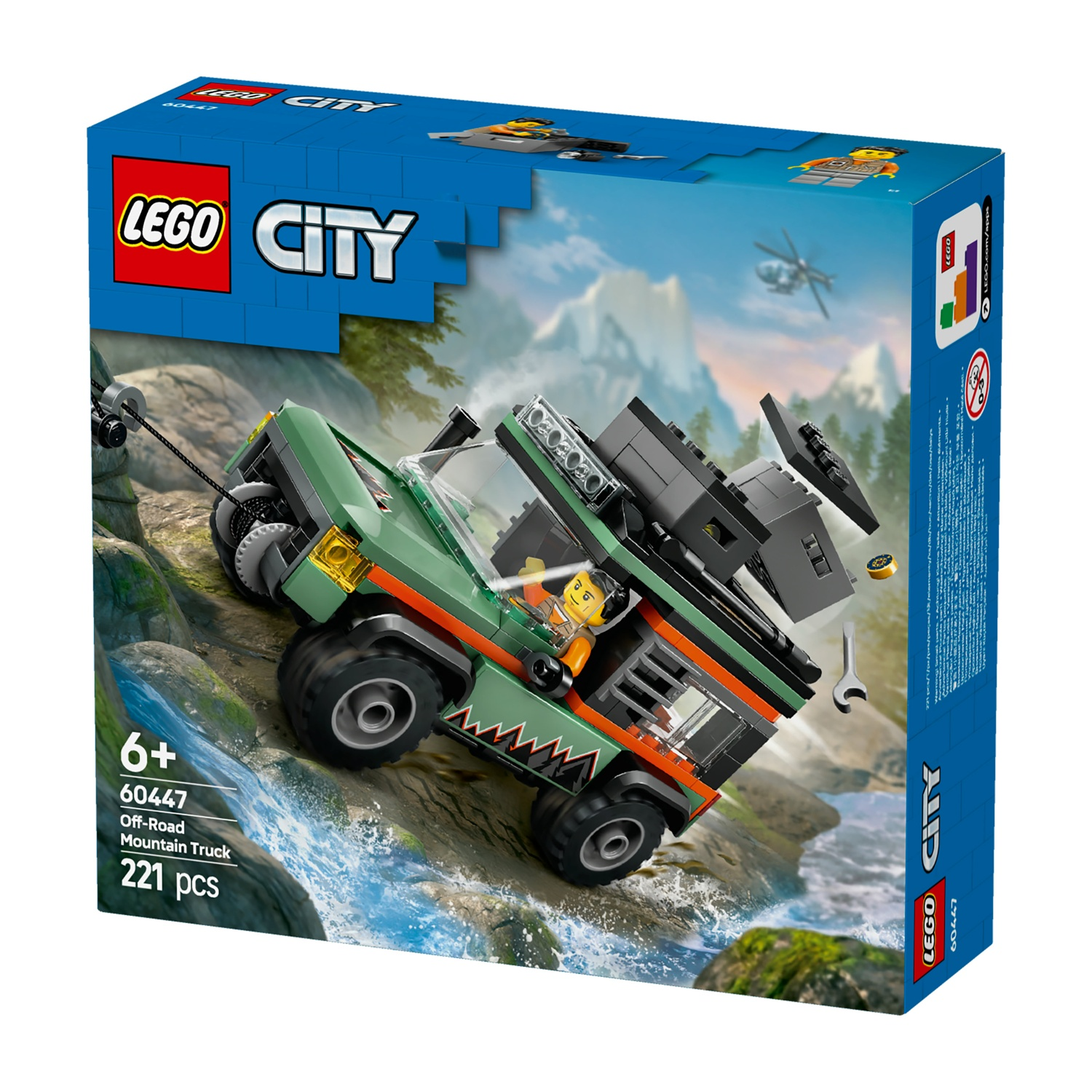 Scatola Lego City. Mostra un camion fuoristrada verde che scala un terreno roccioso. Un elicottero è sullo sfondo. La scatola dice 60447, Off-Road Mountain Truck.