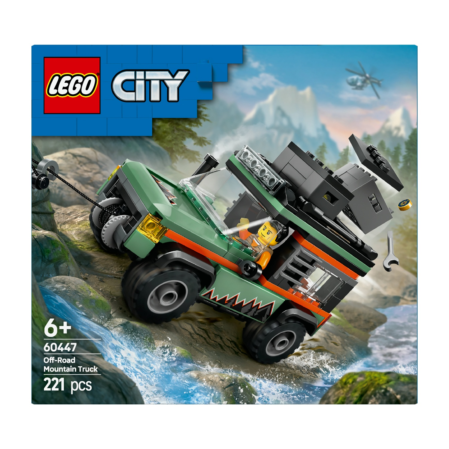Set Lego City di camion fuoristrada. Camion verde su rocce con acqua. Elicottero sullo sfondo. Logo Lego in alto a sinistra.