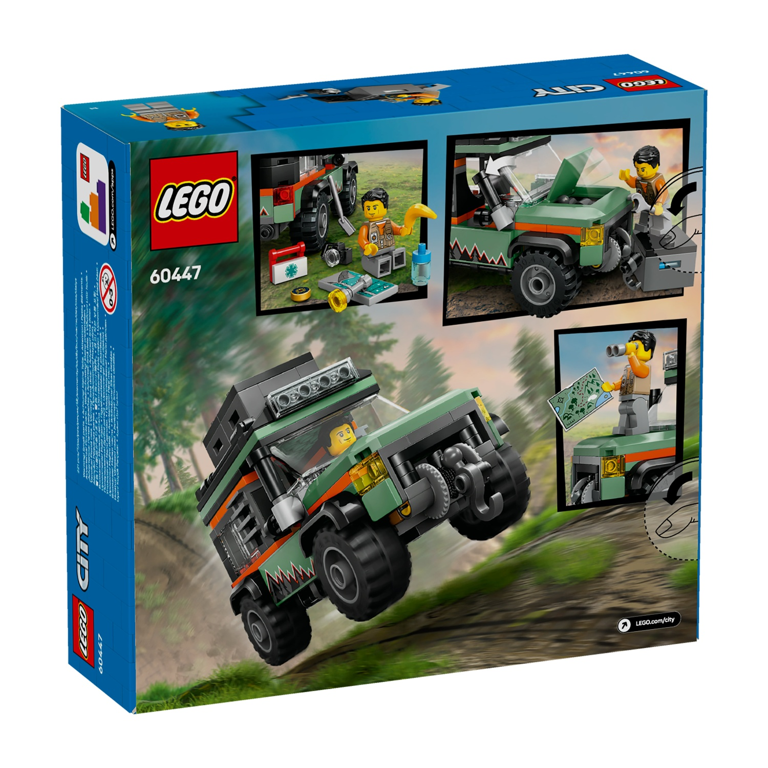 Scatola Lego City. Camion fuoristrada verde con personaggi. Include strumenti e mappa. Sfondo mostra foresta e strada.