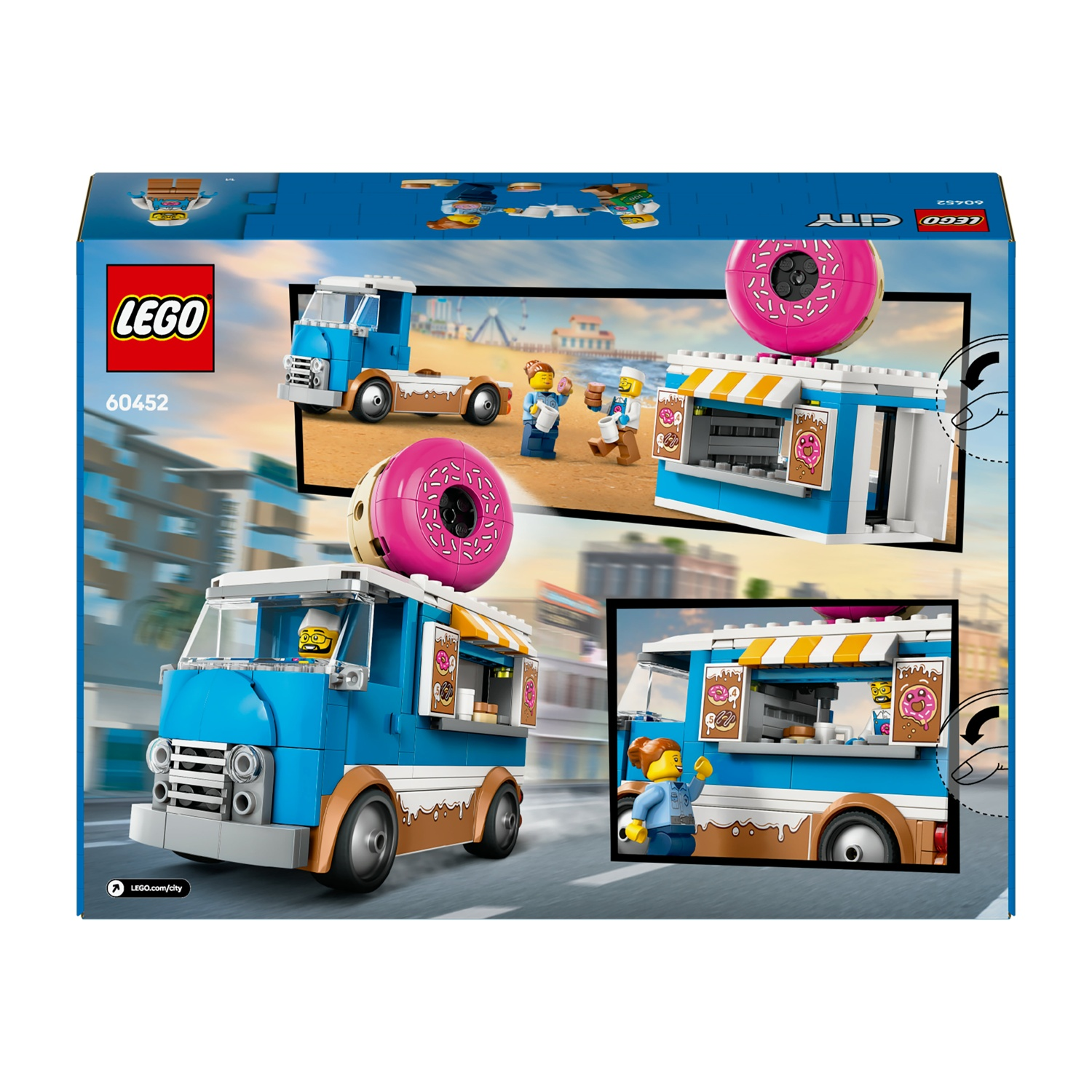 Camioncino negozio di ciambelle Lego City. Camion blu e marrone con una ciambella gigante sopra. Sono visibili figure di persone e ciambelle.