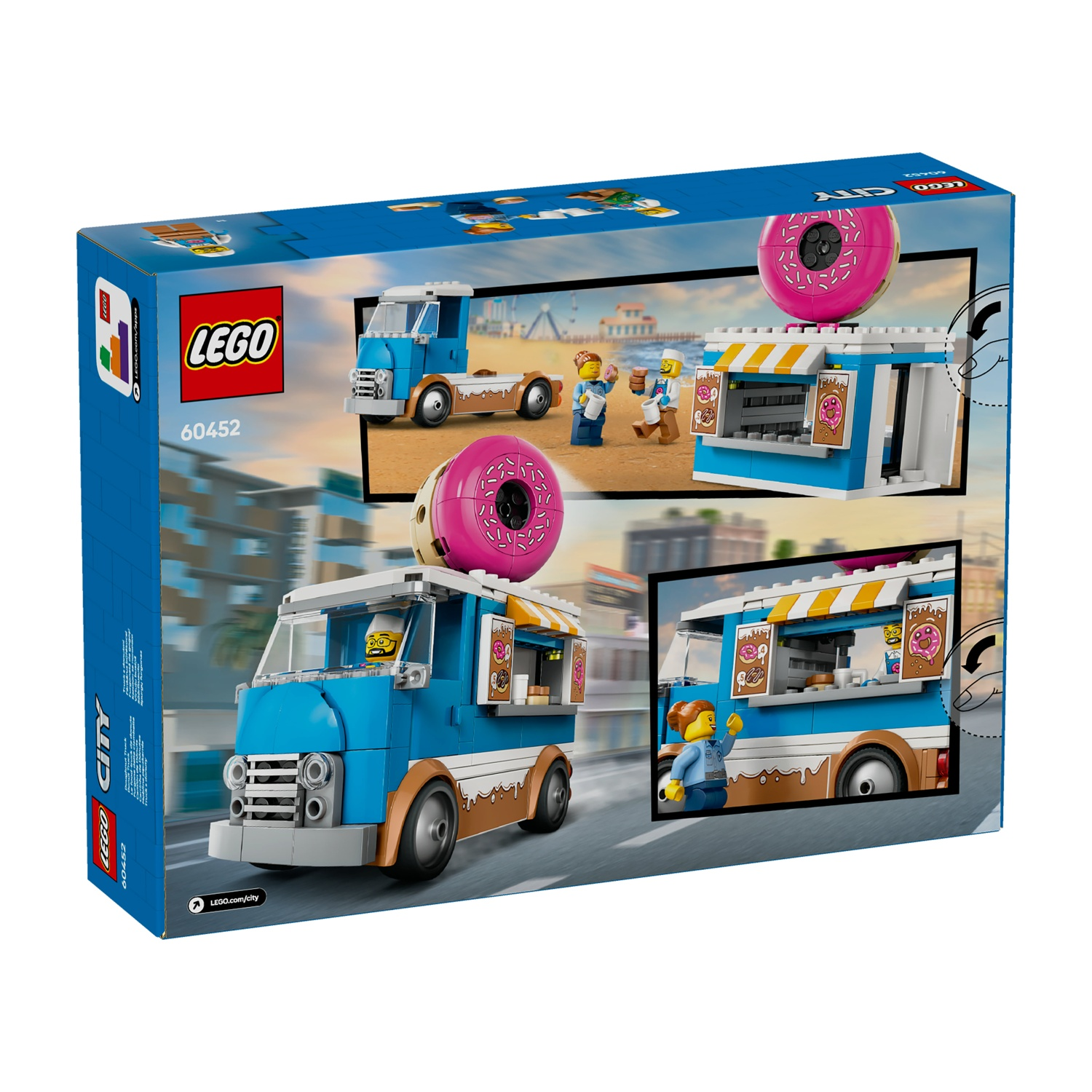 La scatola LEGO City 60452 mostra un camioncino di ciambelle blu con una ciambella rosa sopra. Include minifigure e una scena sulla spiaggia.
