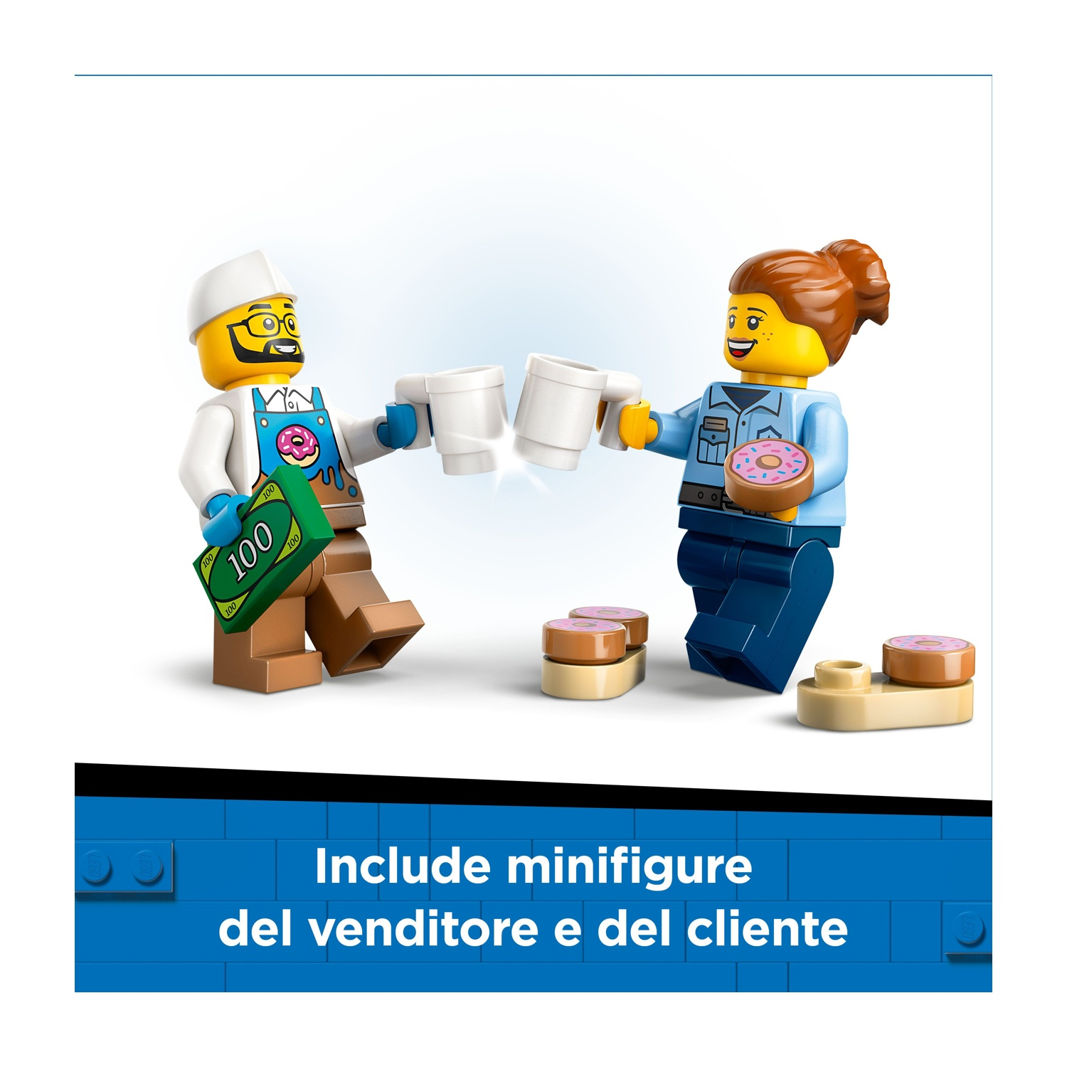 Due personaggi Lego brindano con tazze. Uno tiene soldi, l'altro una ciambella. Ciambelle a terra. Base in mattoni blu in basso.
