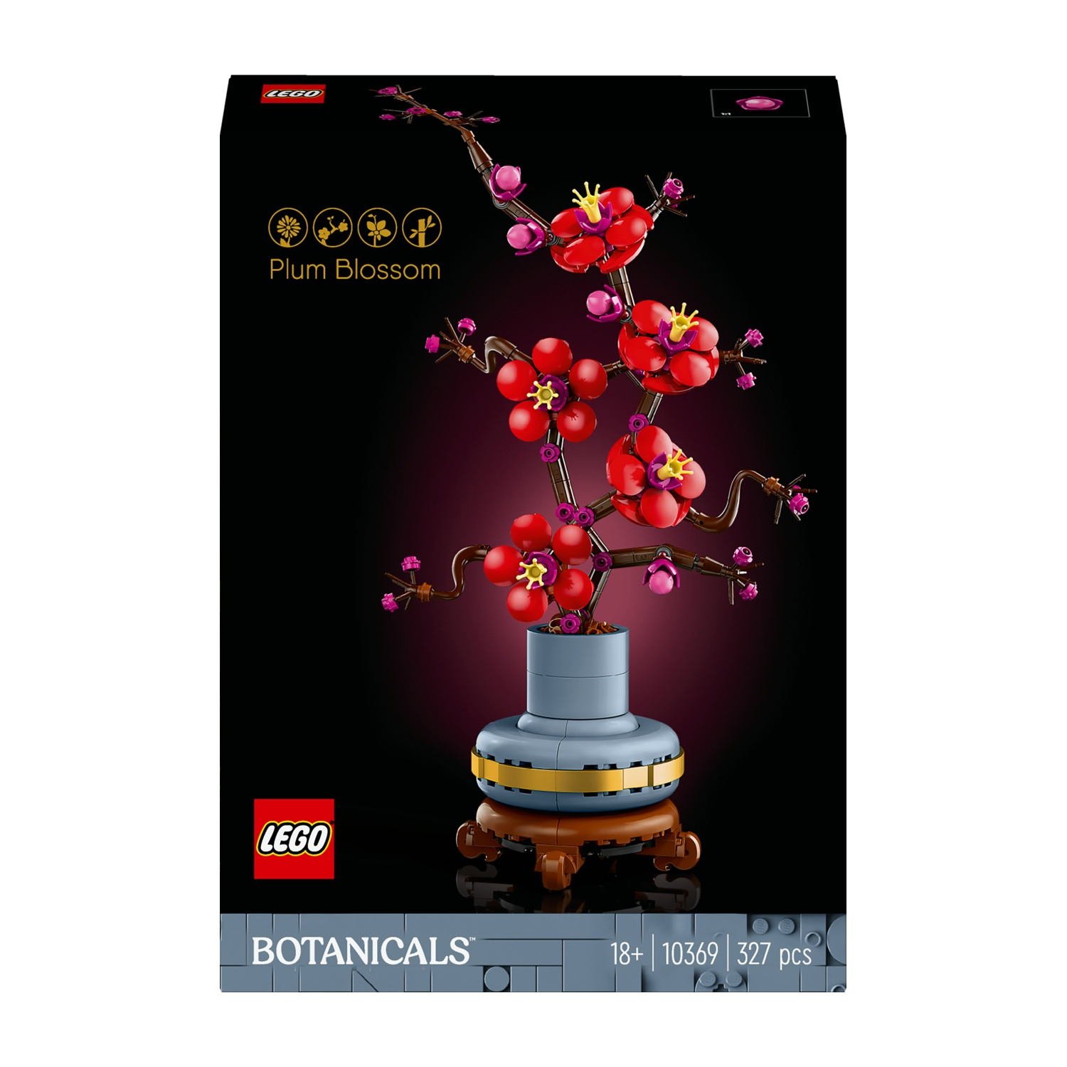 Scatola del set LEGO Fiore di prugno. Modello di fiore rosso in un vaso blu su un supporto marrone. Sfondo nero con testo e logo.