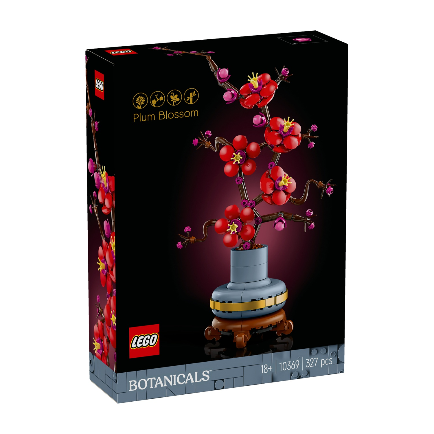 Scatola del set LEGO Plum Blossom. Presenta un bonsai LEGO costruito con mattoncini, con fiori rossi, un vaso grigio e un supporto marrone.