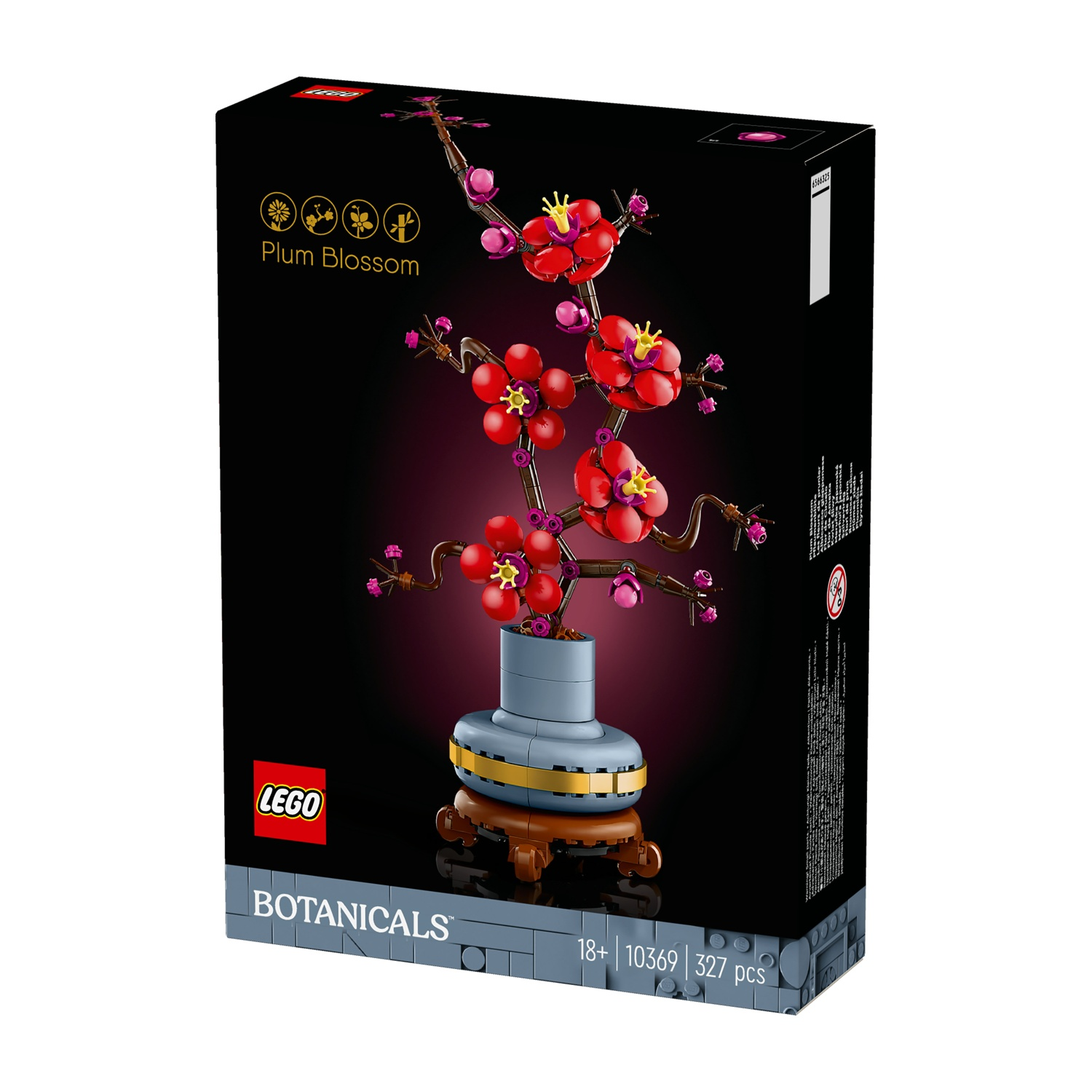 Scatola del set Lego di fiori di prugno. Mostra un modello di fiore di prugno con fiori rossi, rami marroni e un vaso grigio.