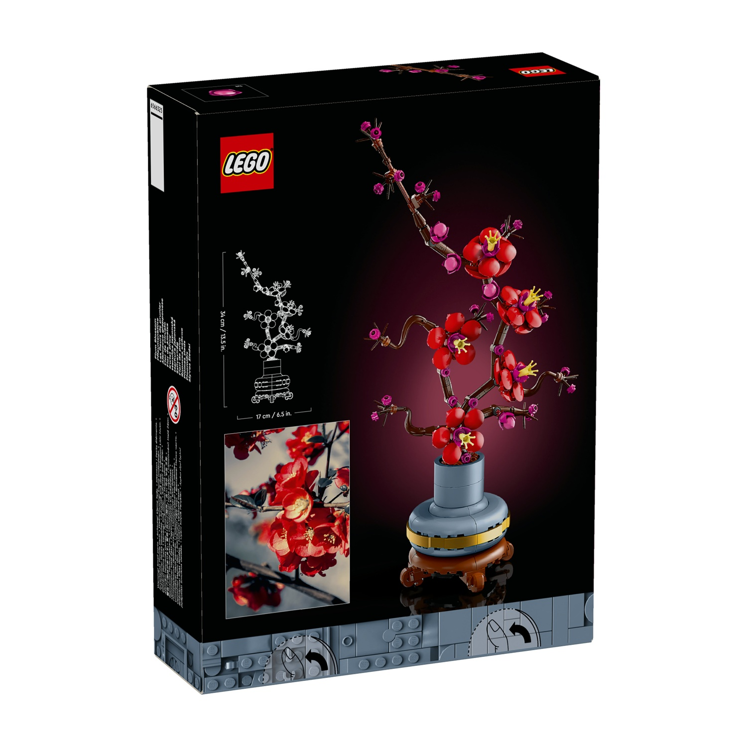 Una scatola Lego mostra un set di fiori di ciliegio. La scatola è nera con un'immagine del modello finito, un vaso con fiori rossi.