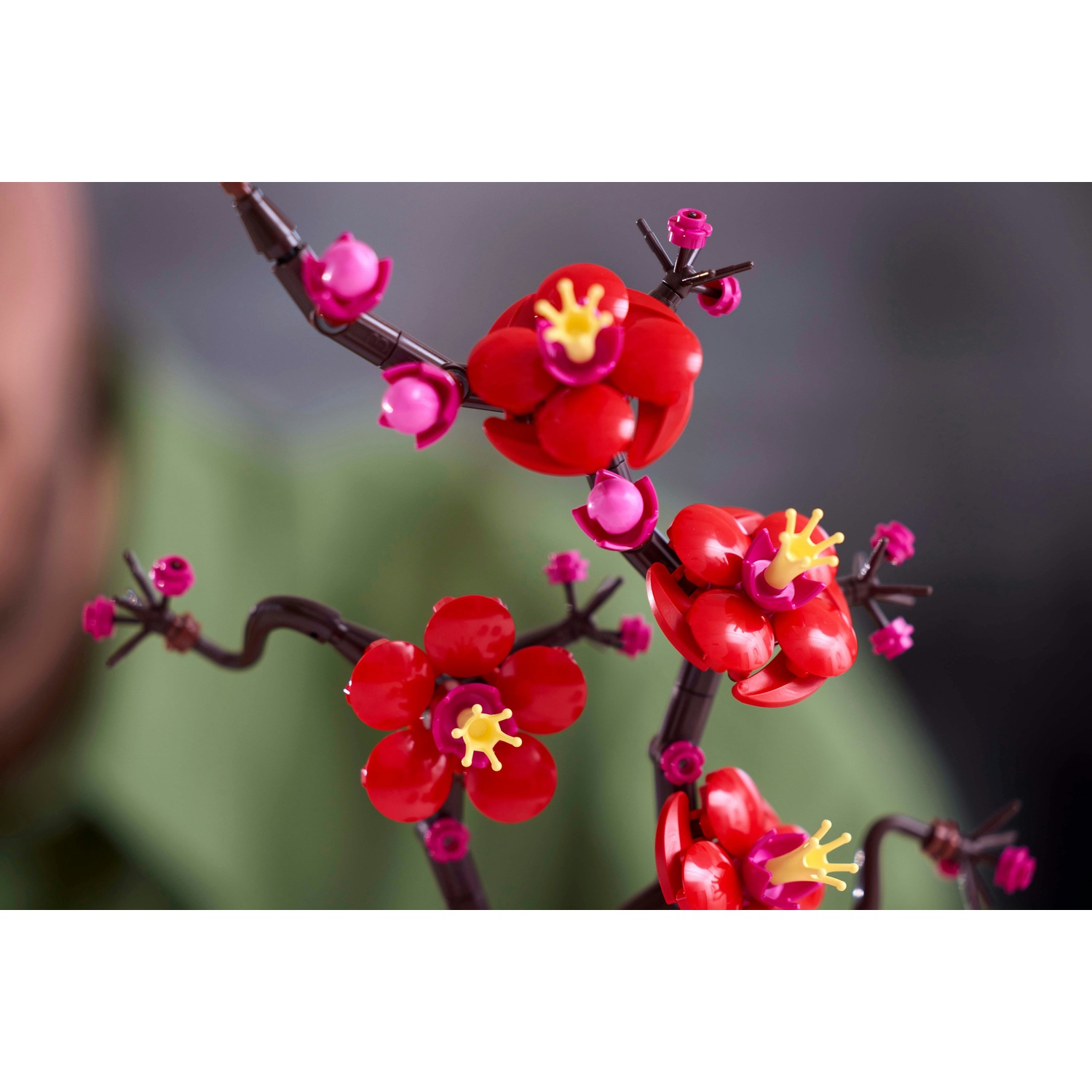 Primo piano di fiori artificiali su un ramo. Fiori rosso vivo con centri gialli e boccioli rosa. Rami marrone scuro.