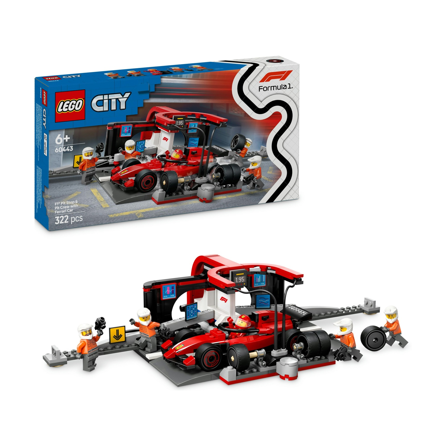 Un set Lego City raffigura una Ferrari F1 rossa al pit stop. I membri dell'equipaggio in uniforme arancione circondano l'auto, con gli attrezzi.