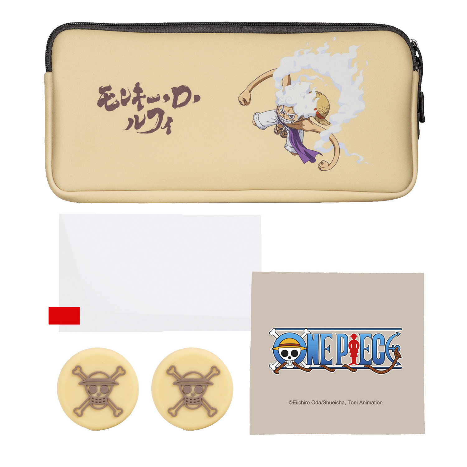 Estuche con ilustración de Luffy. También, dos galletas de calavera y un logo de One Piece.