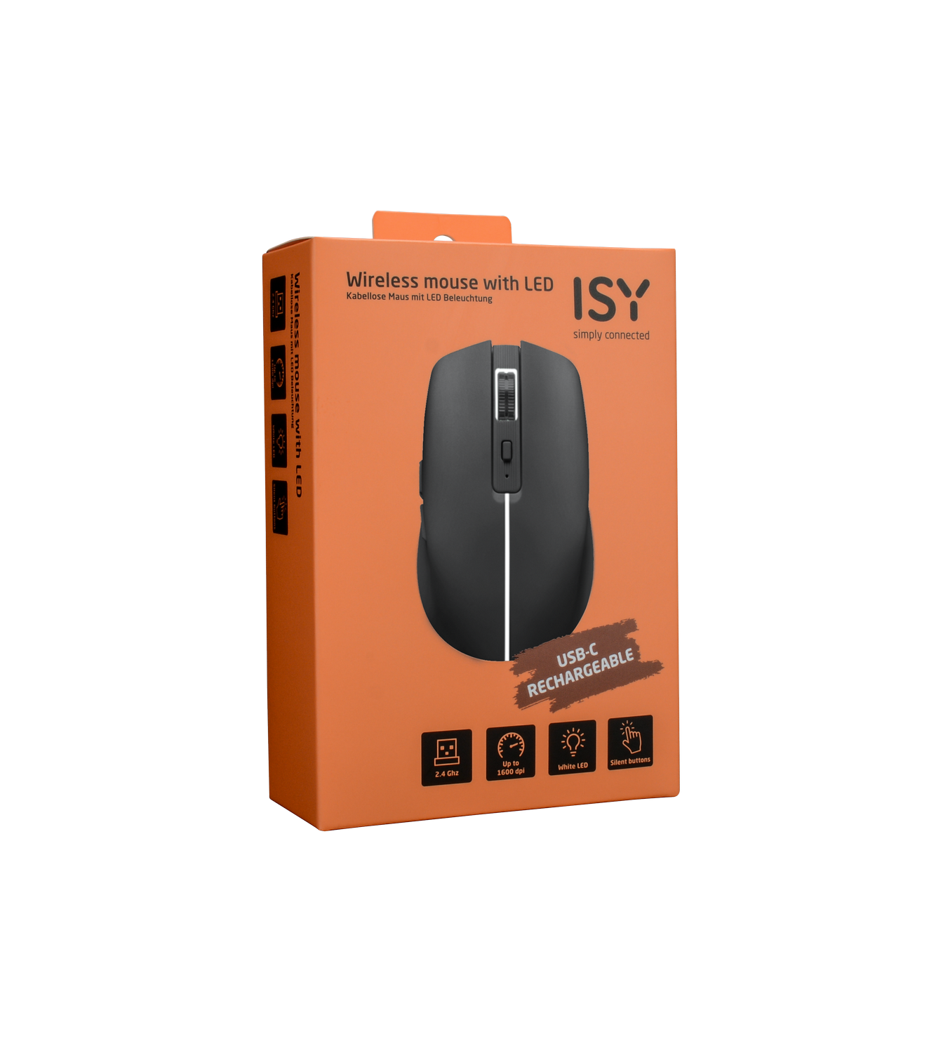 Una caja naranja con un ratón inalámbrico negro, etiquetado como 'Ratón inalámbrico con LED'. Incluye carga USB-C y botones silenciosos.