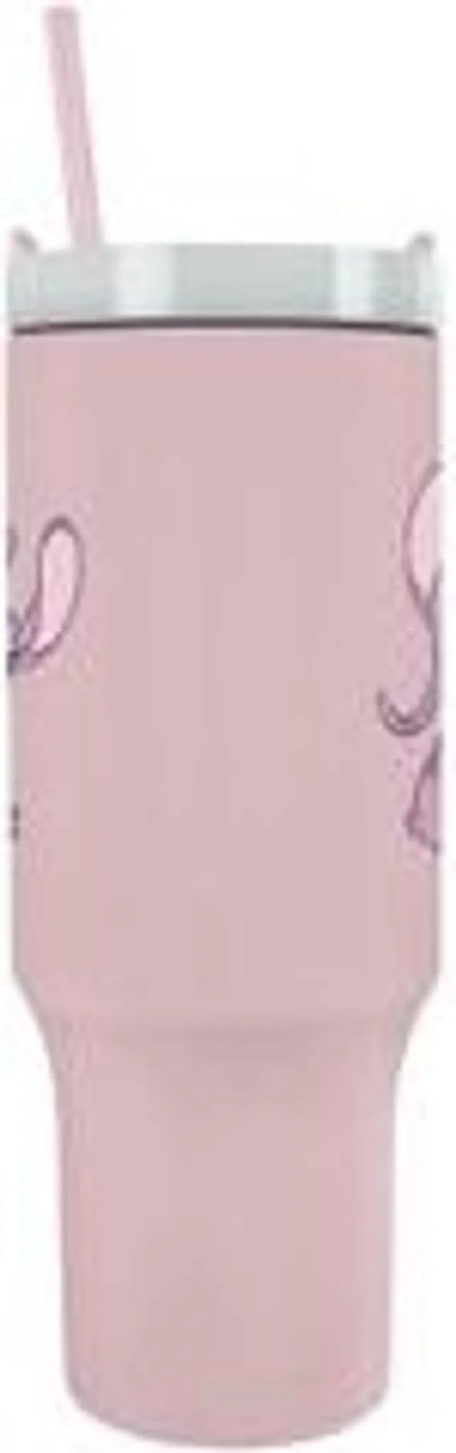 Vaso rosa con pajita. Cuenta con tapa blanca y cuerpo rosa. Diseño lila claro en el lateral.