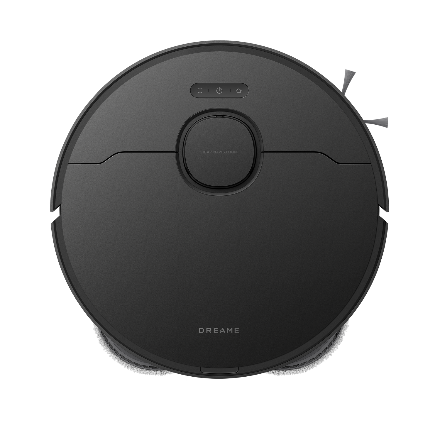 Vista superior de una aspiradora robot negra. Tiene forma circular con 'DREAME' escrito. Fondo gris.