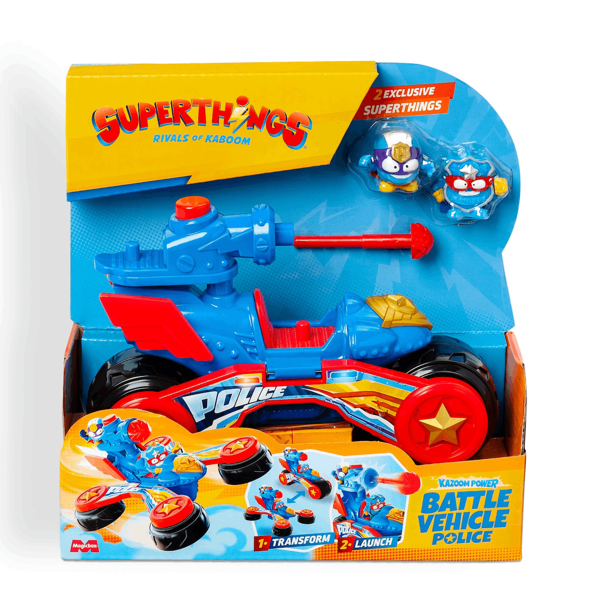 Un juego de juguetes SuperThings Police Battle Vehicle. Tiene un vehículo azul con detalles rojos y amarillos, dos figuras y una caja.