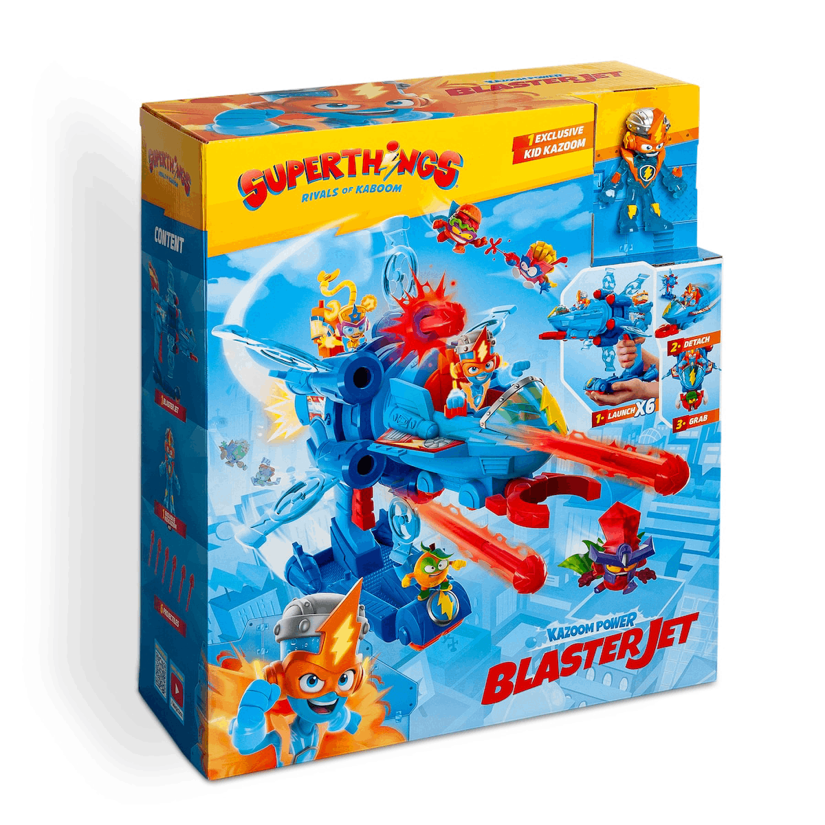 Caja de juguetes SuperThings. Presenta un jet azul, figuras de acción y las palabras 'Blaster Jet' y 'Kazoom Power'.