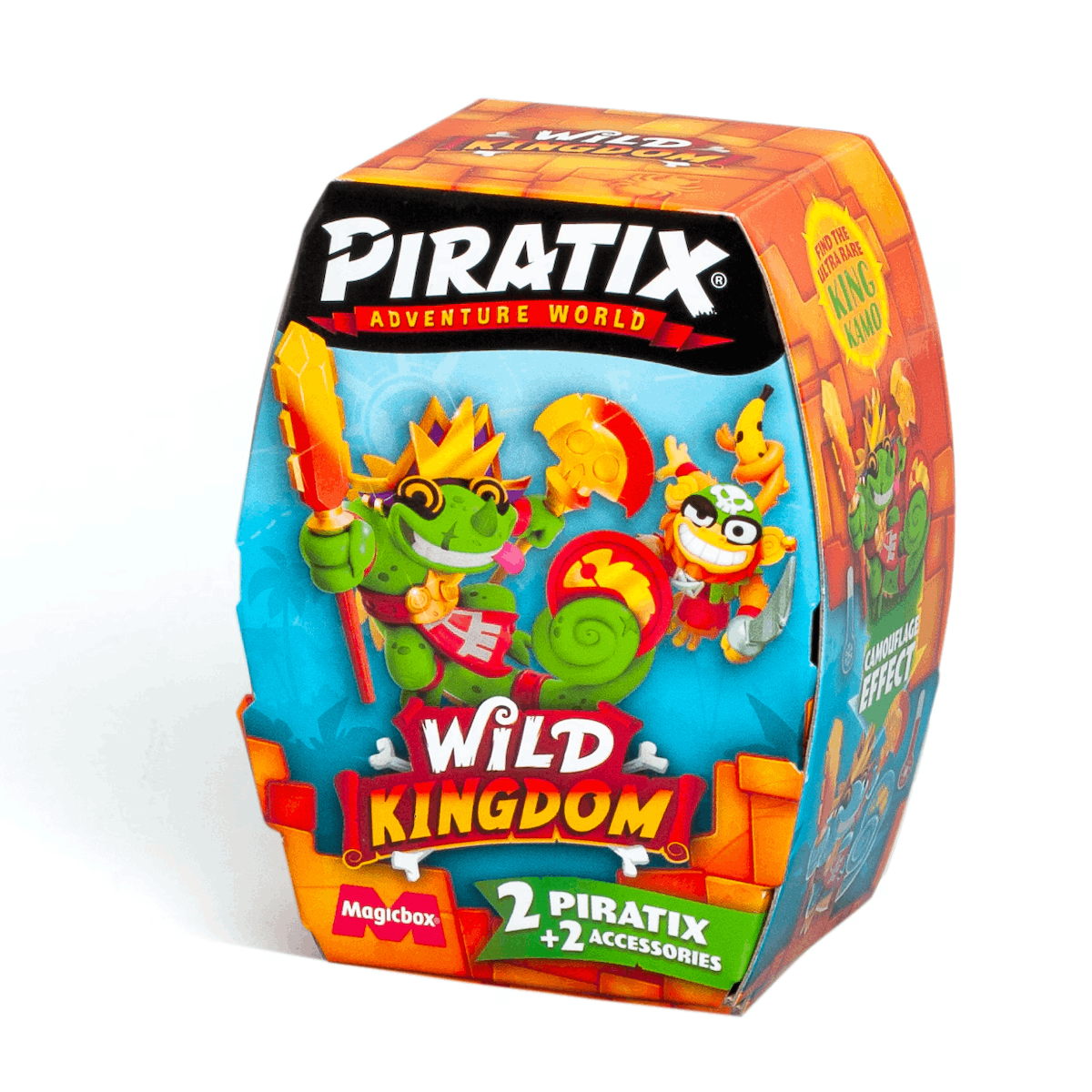 Una colorida caja de Piratix Wild Kingdom. Presenta personajes de dibujos animados, la marca y el texto "2 Piratix + 2 Accesorios".