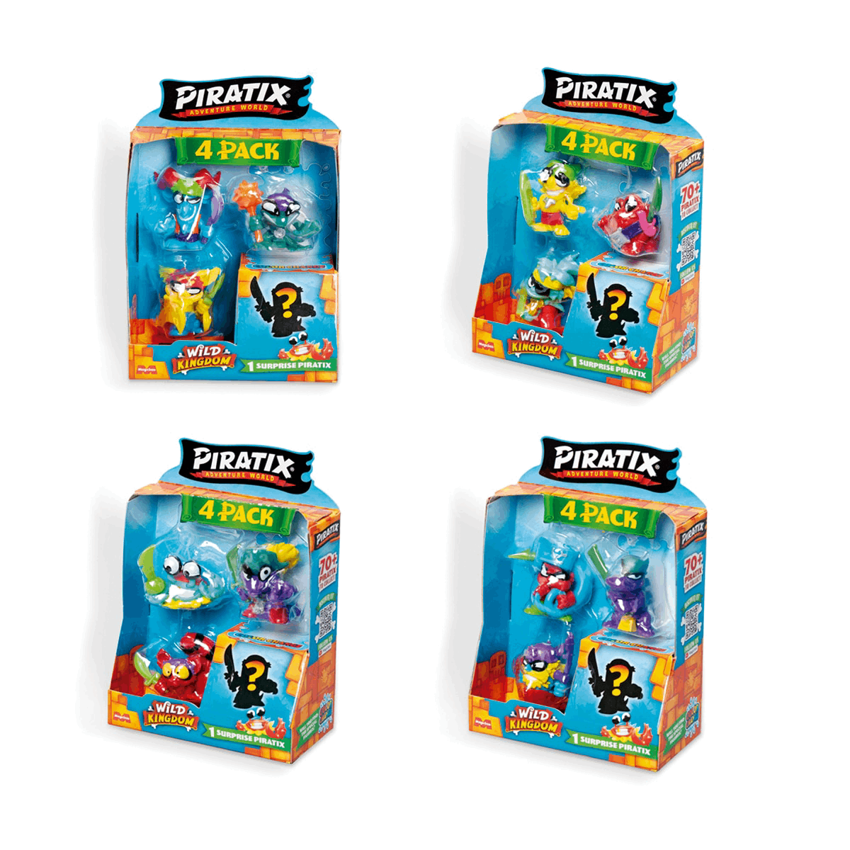 Cuatro paquetes de juguetes Piratix. Cada caja contiene cuatro pequeñas figuras. Las cajas son azules y naranjas, y los juguetes son coloridos.