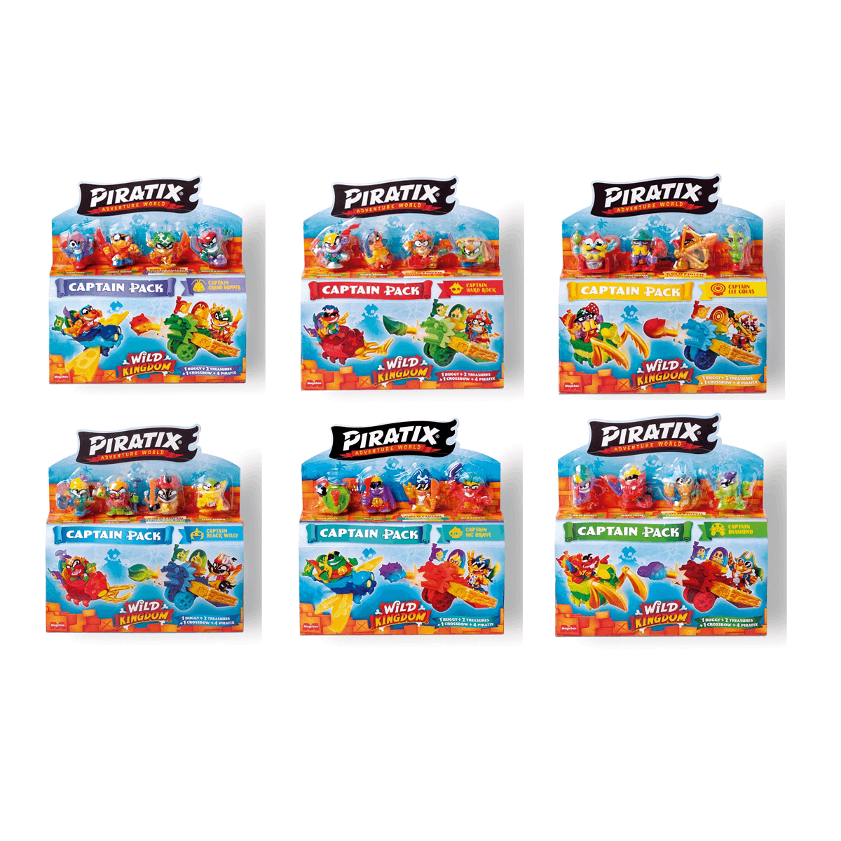 Seis sets de juguetes Captain Pack. Cada uno tiene pequeñas figuras de piratas y conjuntos de Wild Kingdom, con texto como 'Captain Pack'.