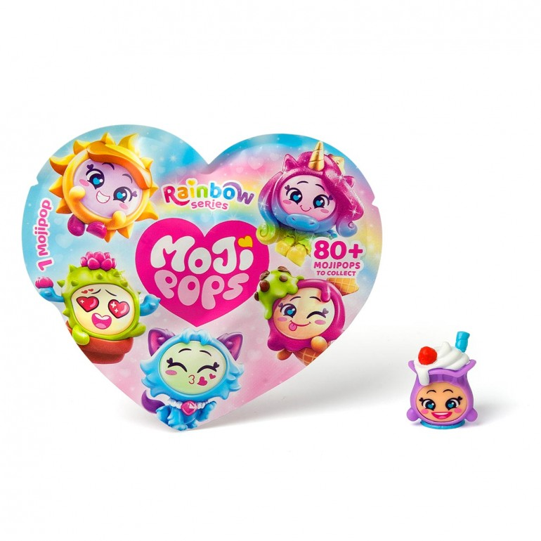 Juguetes Moji Pops. Un paquete en forma de corazón con seis figuras y una figura de batido separada. Los juguetes tienen caras sonrientes y diseños coloridos.