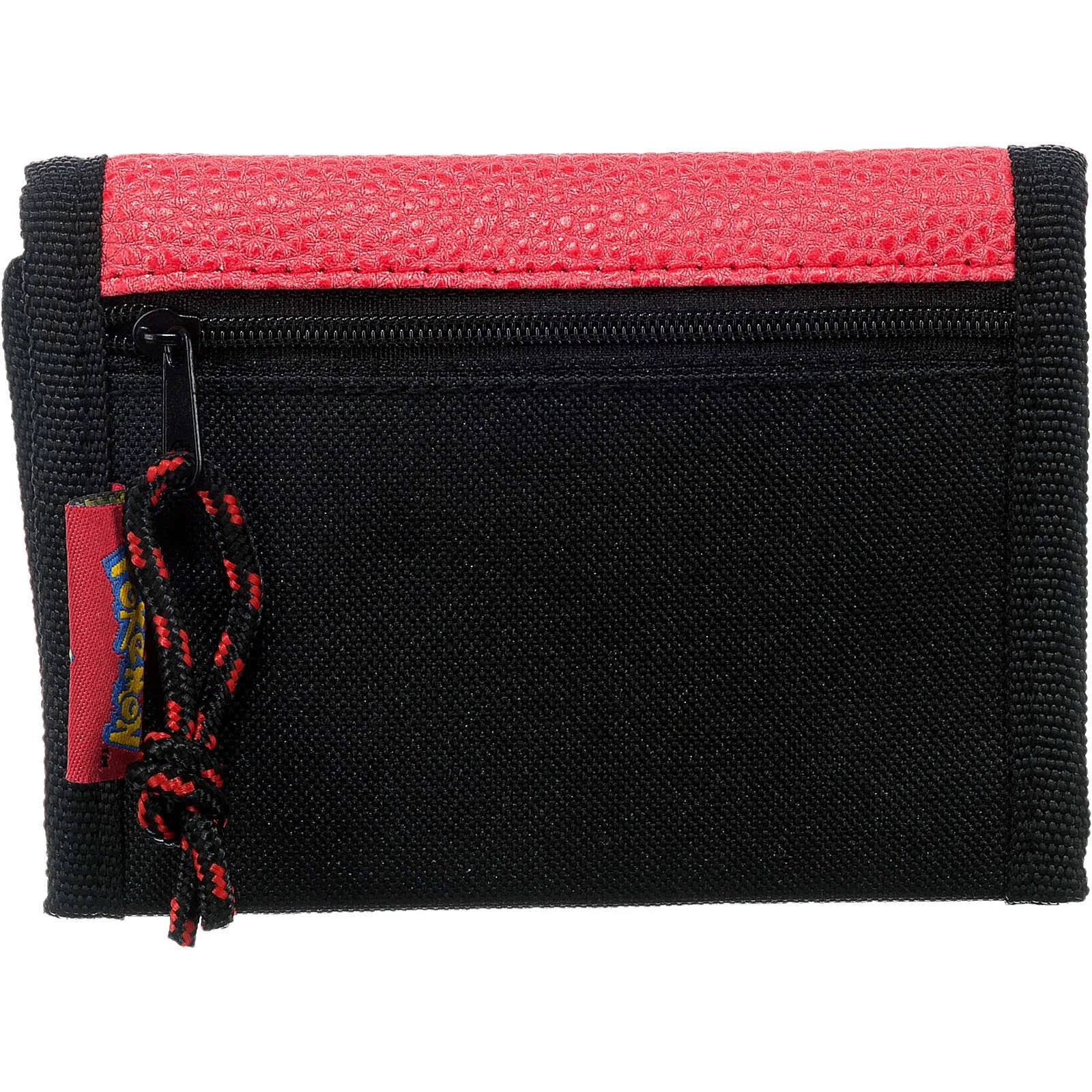 Cartera negra con sección superior roja y cremallera. Cuerda negra y roja adjunta con etiqueta.