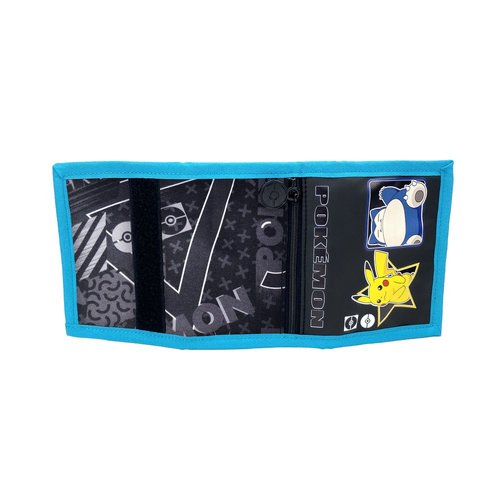 Cartera Pokémon abierta con Pikachu y Snorlax. Patrones en blanco y negro en el interior. Contorno azul.