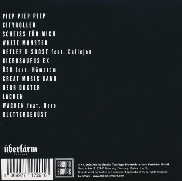 Rückseite des Albums mit schwarzem Hintergrund und weißem Text, der Songtitel und Credits auflistet. Unten befinden sich ein Barcode und ein Logo.