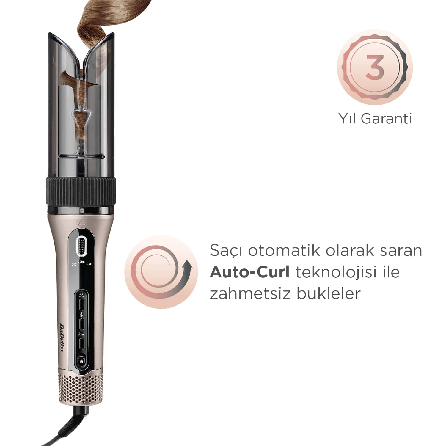 İçinde saç bulunan bir maşa, 3 yıllık garanti logosu ve zahmetsiz bukleler için Auto-Curl teknolojisi hakkında metin.