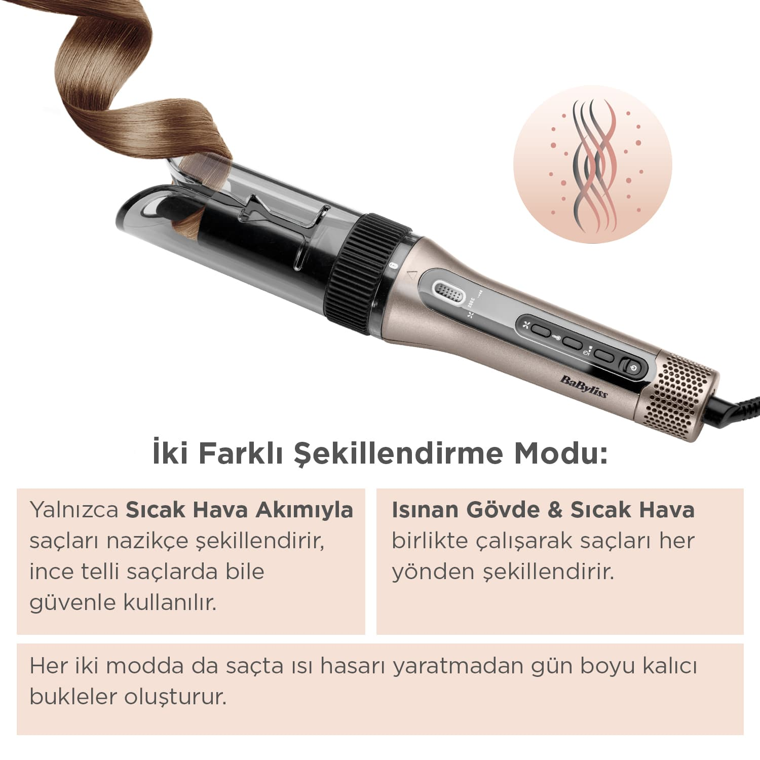 Etrafına sarılmış kahverengi saçlı bir saç şekillendirme aracı. Alet, düğmeleri ve bir tutacağı olan siyah ve altındır. Metin var.