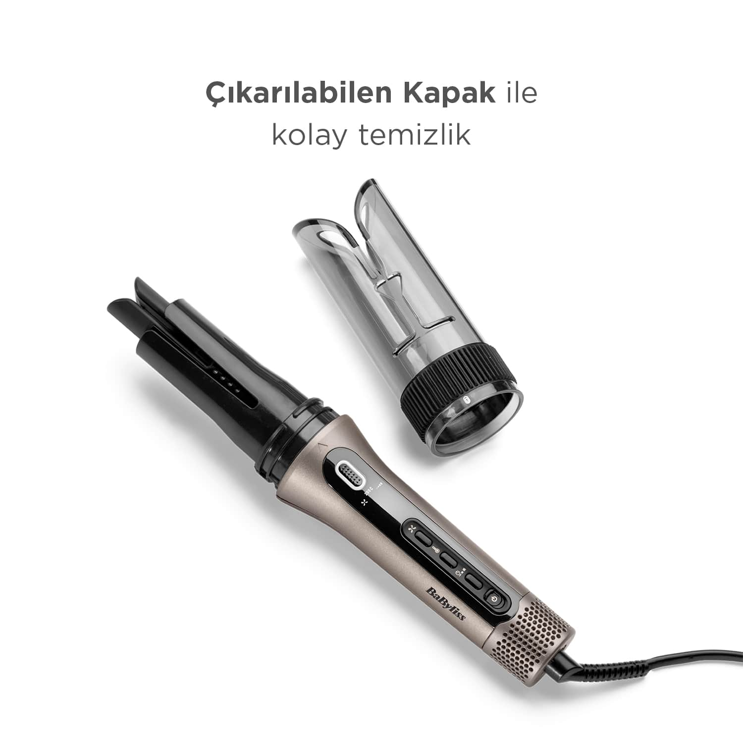 Çıkarılabilir şeffaf plastik kapağı olan gri bir Babyliss saç maşası. Maşa üzerinde düğmeler ve bir güç kablosu var. Üstte metin.