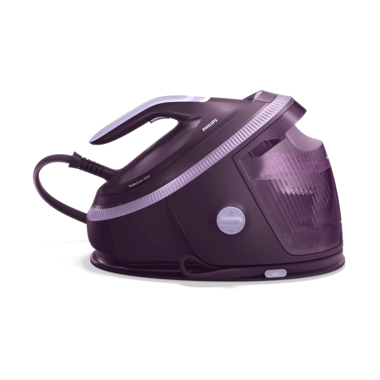 Un ferro da stiro con generatore di vapore Philips PerfectCare 7000. È viola scuro con manico bianco e serbatoio laterale.
