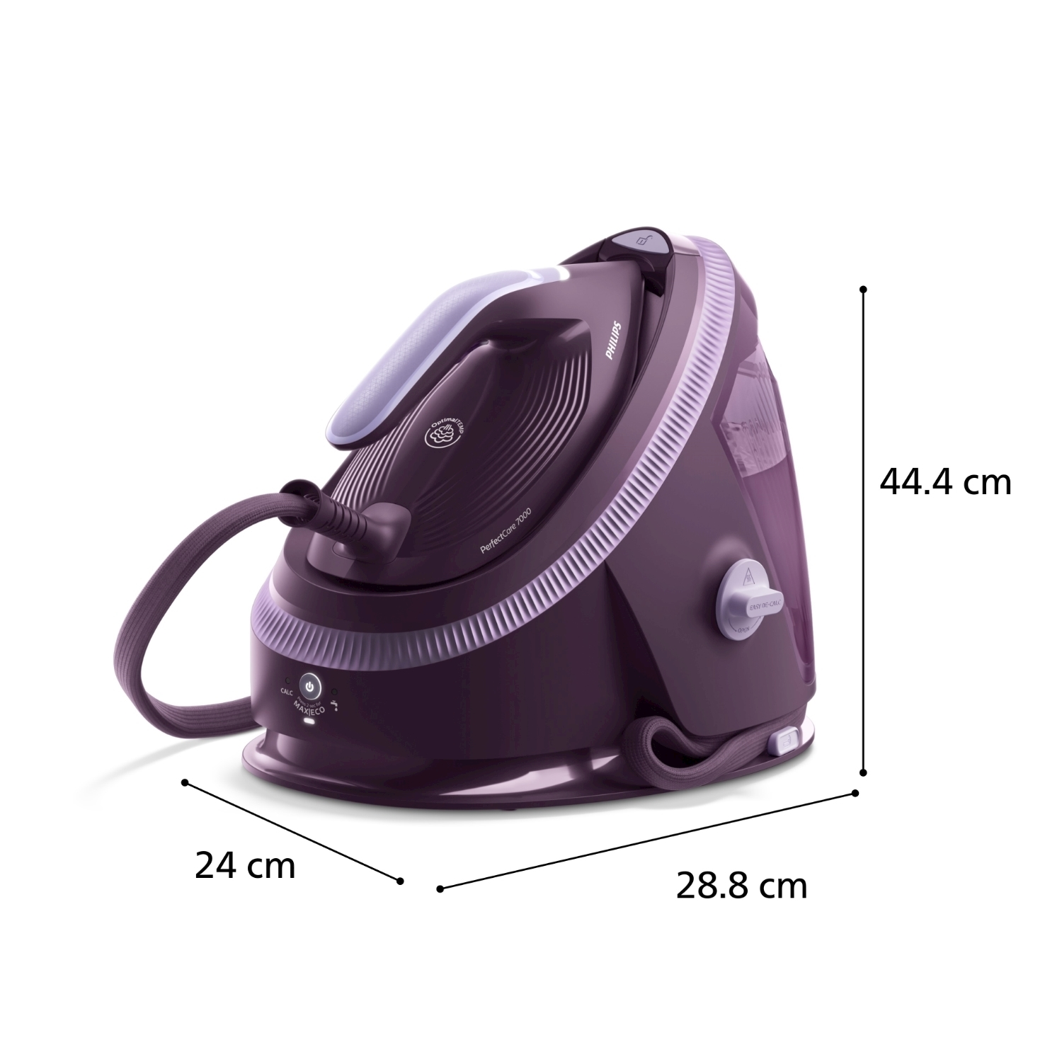 Una stiratrice a vapore Philips PerfectCare 7000 viola. Dimensioni: 24 cm, 28,8 cm e 44,4 cm. Caratteristiche: serbatoio dell'acqua e manopole.