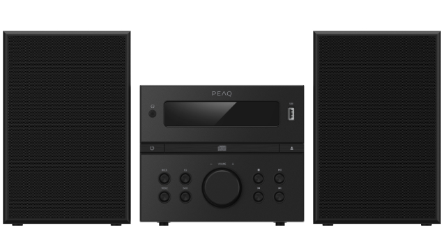 Un sistema estéreo negro con dos altavoces y una unidad central. La unidad central tiene pantalla, botones y ranura para CD.