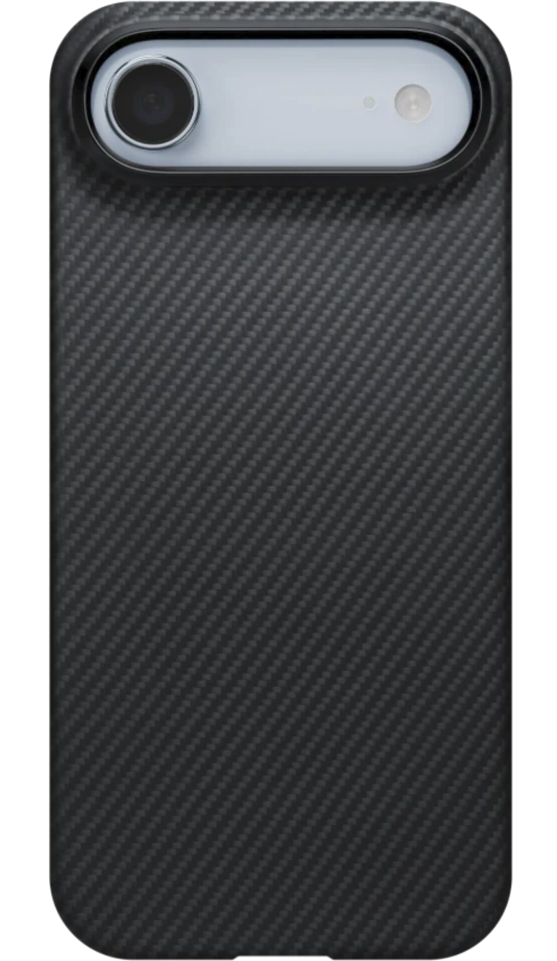 Zbliżenie etui na telefon z wzorem włókna węglowego. Ma otwory na aparat i lampę błyskową. Tło jest czarne.