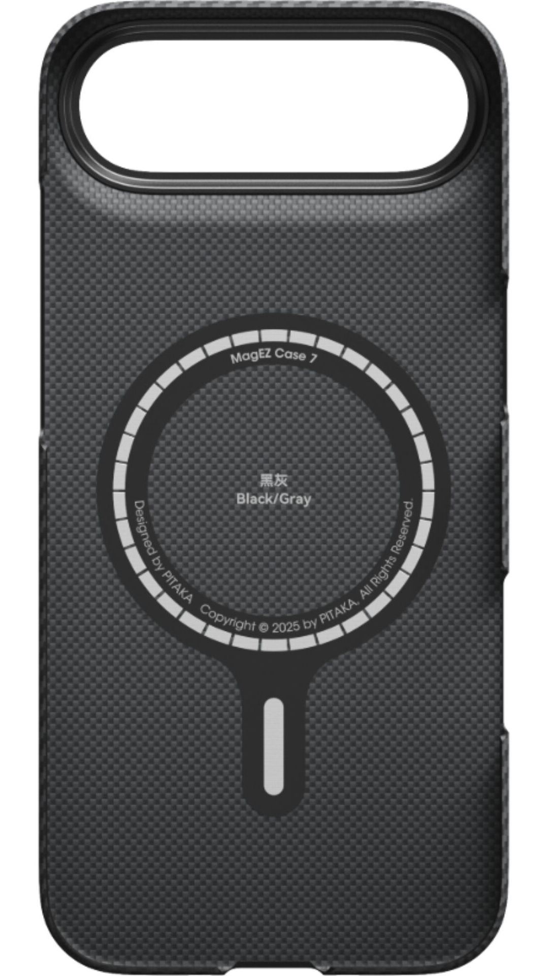 Czarno-szare etui na telefon z logo MagEZ Case 7, tekstem w języku chińskim i angielskim oraz informacjami o prawach autorskich PITAKA.