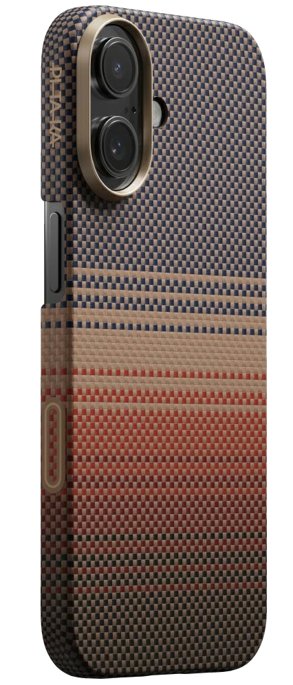 Etui na telefon z tkanym wzorem w kolorze niebieskim, beżowym i czerwonym. Widoczne są dwa obiektywy aparatu. Bok ma przyciski.