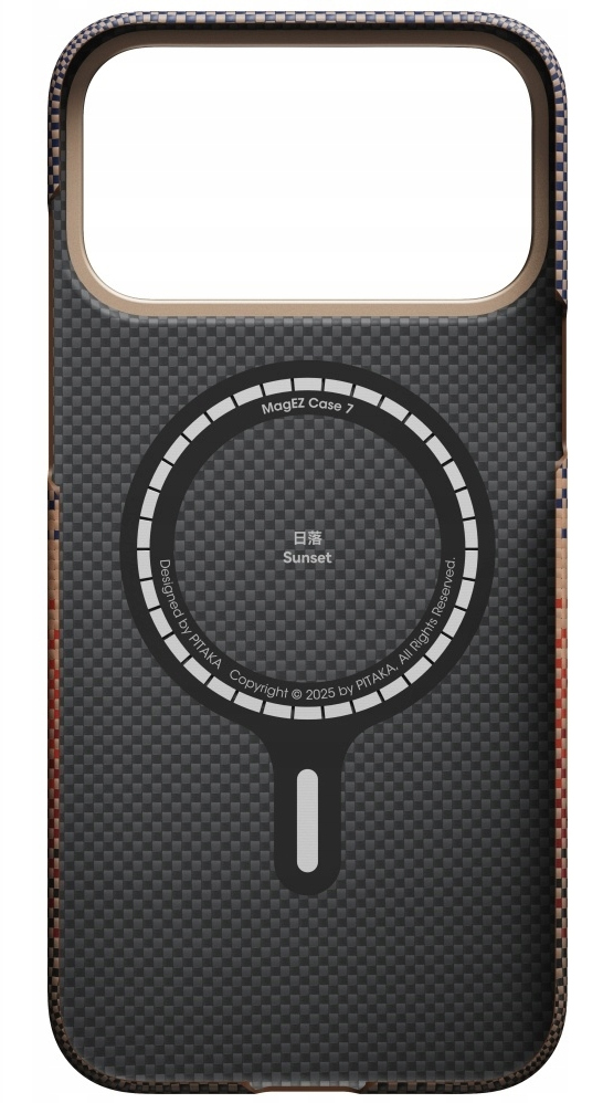 Etui na telefon z wzorem z włókna węglowego. Ma logo MagEZ Case 7 i słowo Sunset. Jest też napisane Designed by PITAKA.
