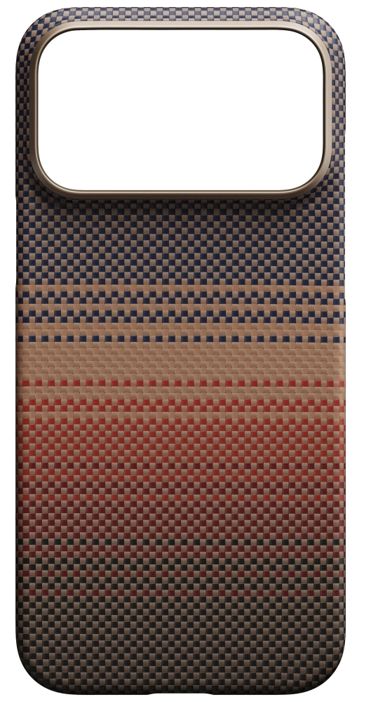 Etui na telefon z kratkowym wzorem w kolorze niebieskim, beżowym i czerwonym. Ma czarny prostokątny otwór na aparat.