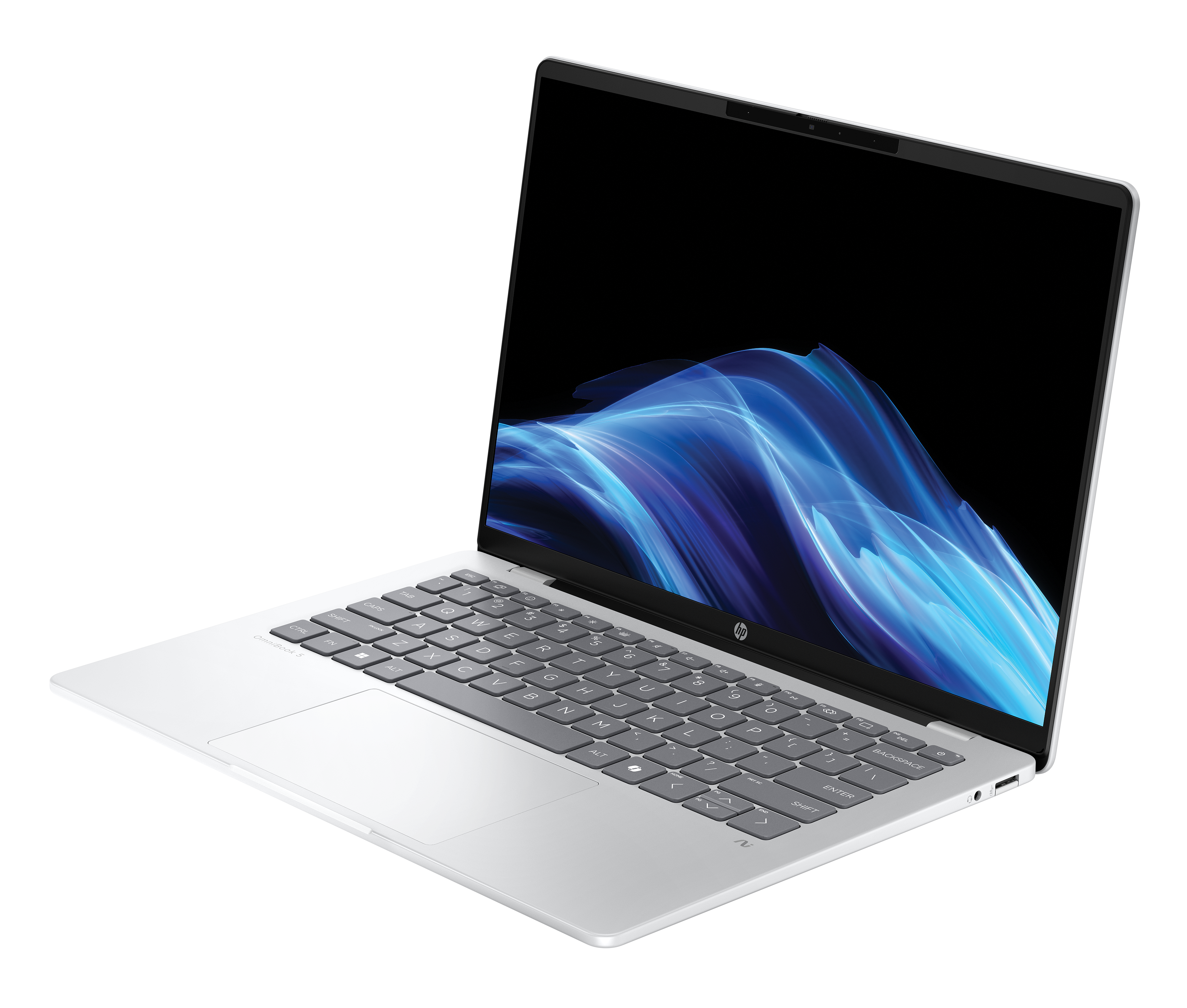 Zilveren laptop met open scherm met blauwe abstracte kunst. Zwarte achtergrond.