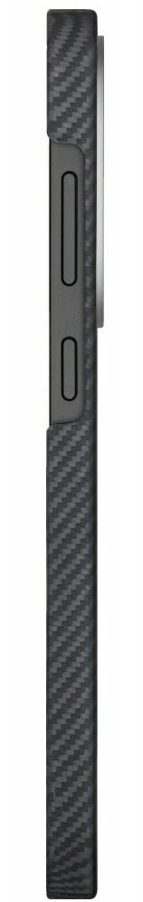 Widok z boku czarnego etui na telefon. Etui ma fakturę włókna węglowego. Widoczne są dwa przyciski i aparat.