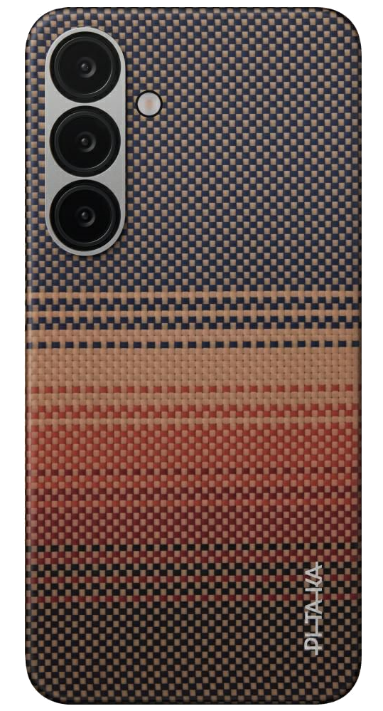 Etui na telefon z tkanym wzorem. Kolory: granatowy, beżowy i czerwony. Posiada moduł kamery i markę 'PLT-AKA'.