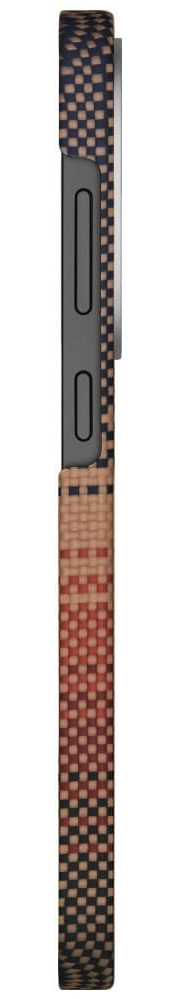 Widok z boku telefonu z wzorzystym etui. Etui ma tkany wzór w szachownicę w odcieniach brązu, czerni i czerwieni.