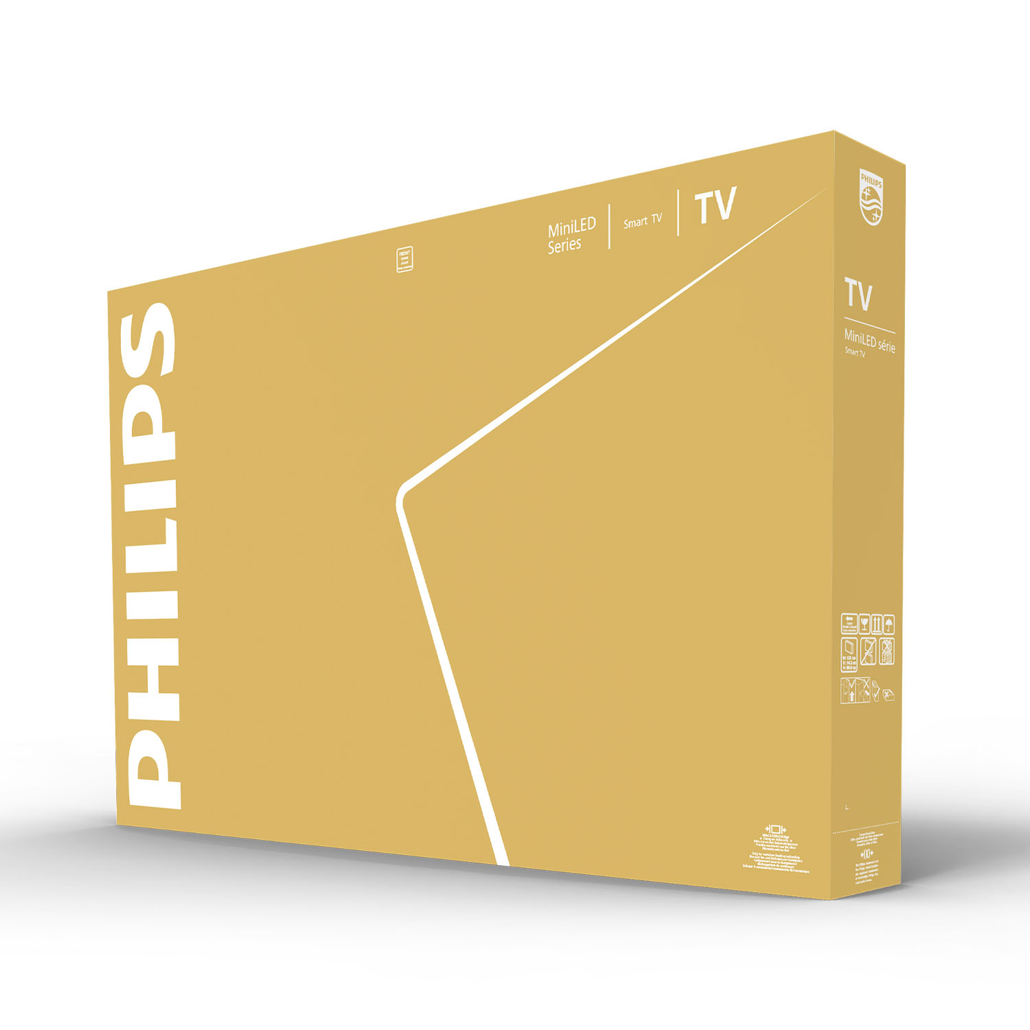 Altın rengi bir Philips TV kutusu. PHILIPS kelimesi dikey olarak yazılmıştır. Kutu, MiniLED Series Smart TV hakkında ayrıntıları gösteriyor.