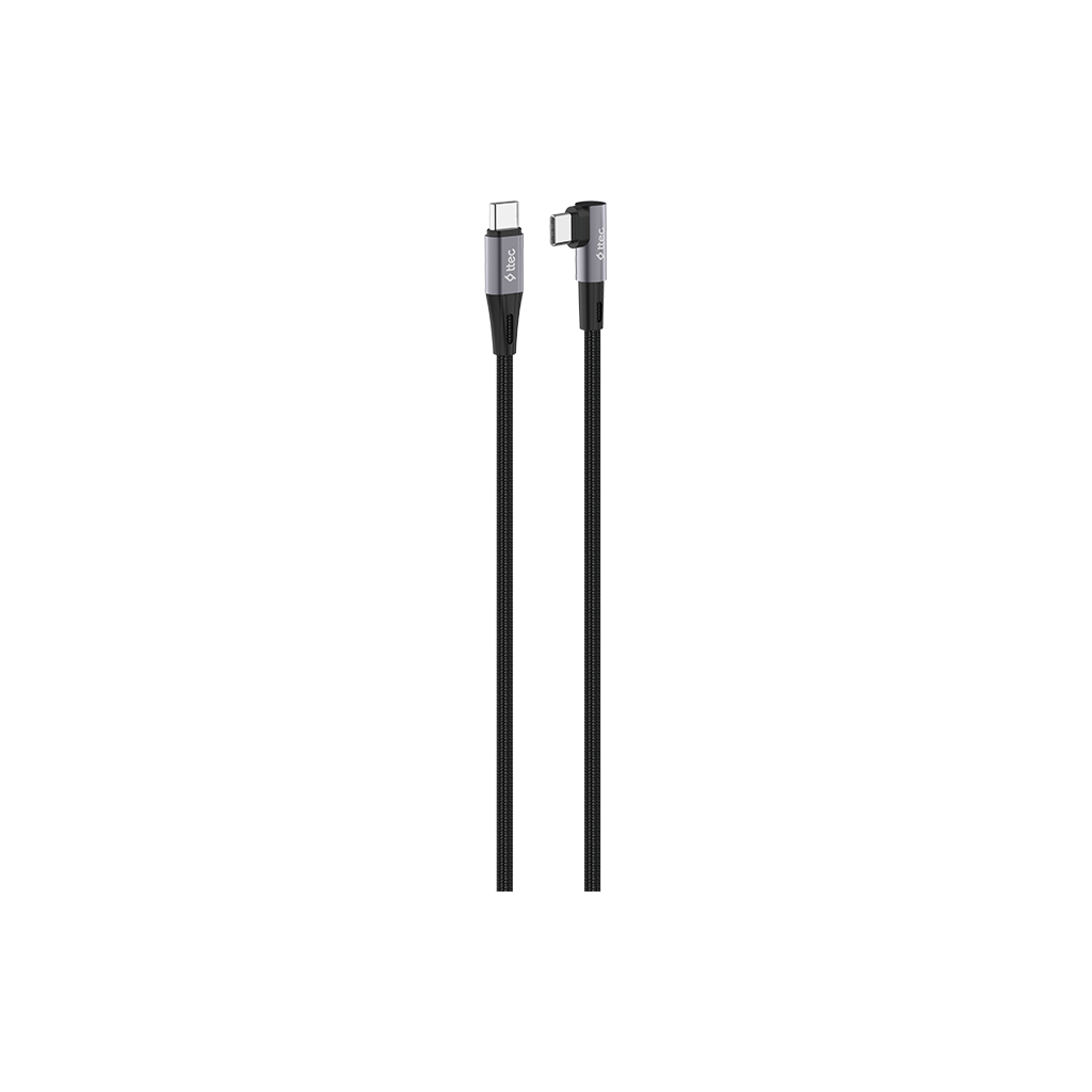 Siyah ve gri bir USB-C kablosu. Bir ucunda düz bir konektör, diğer ucunda ise 'itec' etiketli açılı bir konektör bulunur.