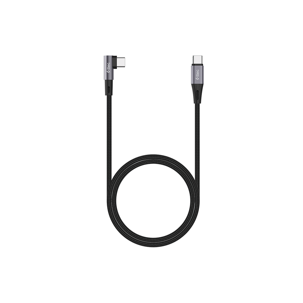 Siyah ve gri bir USB-C kablosu. Kablo bir döngü halinde. Her iki uçtaki konektörlerde 'ttec' markası var.
