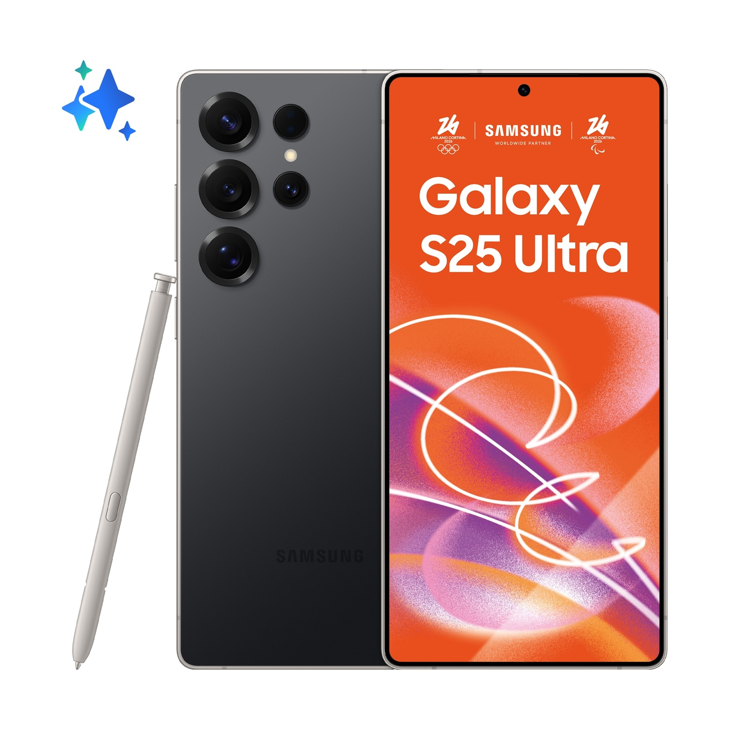 Viene mostrato un telefono Samsung Galaxy S25 Ultra, con uno stilo. Lo schermo mostra uno sfondo arancione con linee bianche e testo.