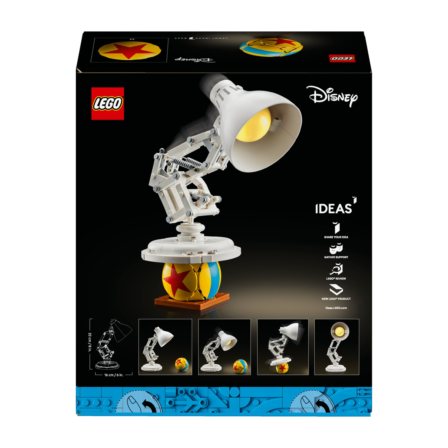 Una scatola Lego mostra una lampada da scrivania bianca con luce gialla, accanto a una palla Pixar. La scatola è nera con i loghi Lego e Disney.