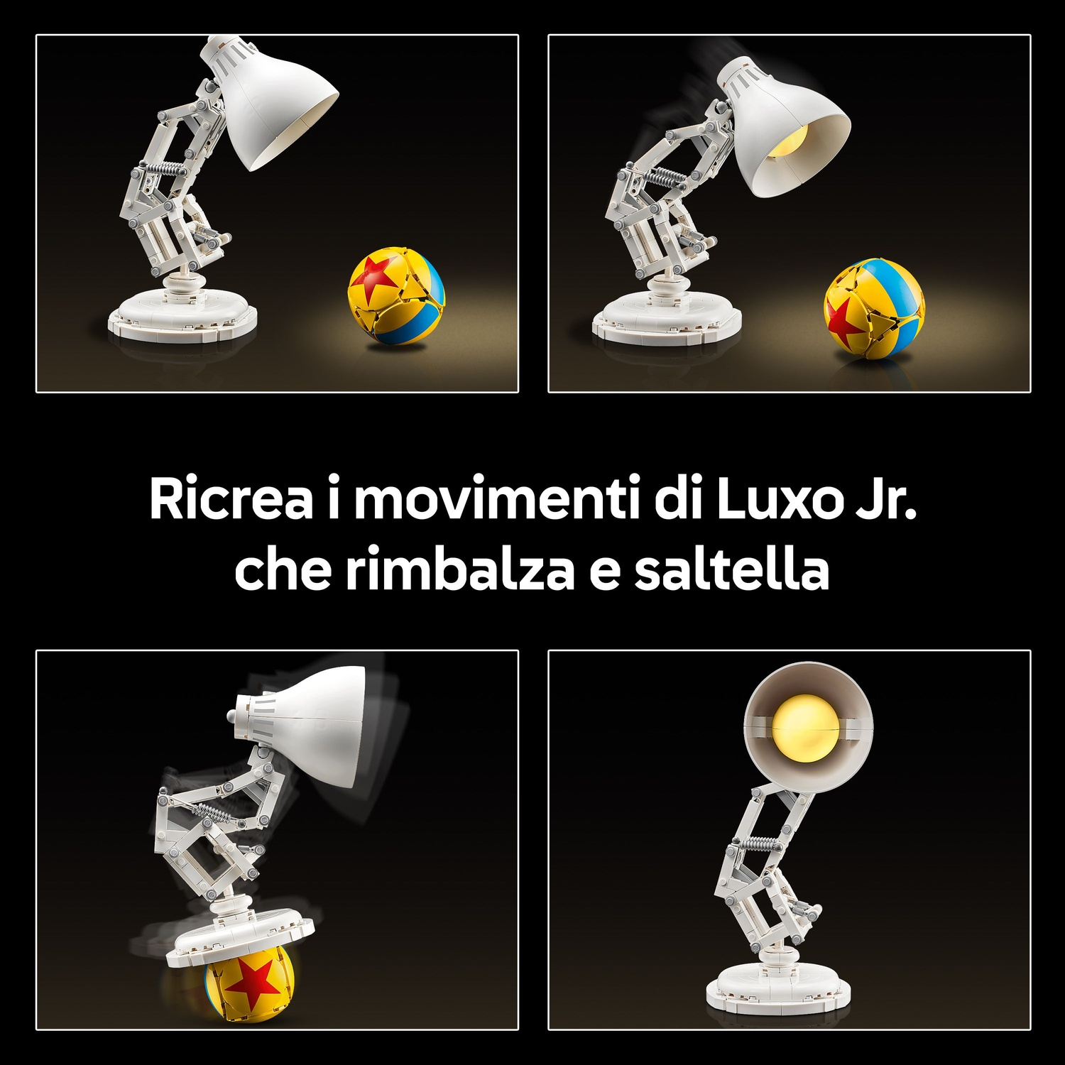 Una lampada da scrivania bianca con una palla Pixar. La lampada è in posizioni diverse e la palla sembra rimbalzare. La scena è su sfondo nero.